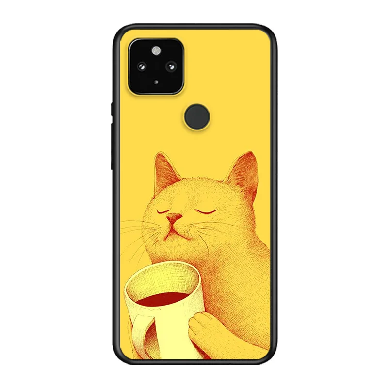 

Cartoon Cat Coffee Soft TPU Silicone Black Cover For Google Pixel 5 4A 5G 4 XL Phone Case