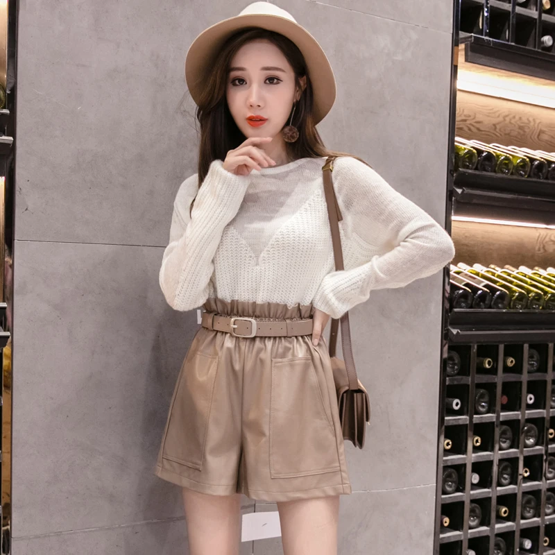 

Fashion High Waist Shorts Girls A-line Elegant Leather Shorts Bottoms Wide-legged Shorts Autumn Winter Women