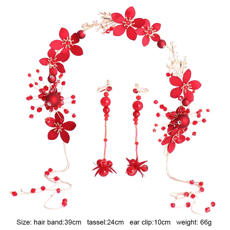 

Hot Selling Red Flower Tassel Hairband Earrings Set Hair Jewelry Chinese Hair Accessories MAEA99