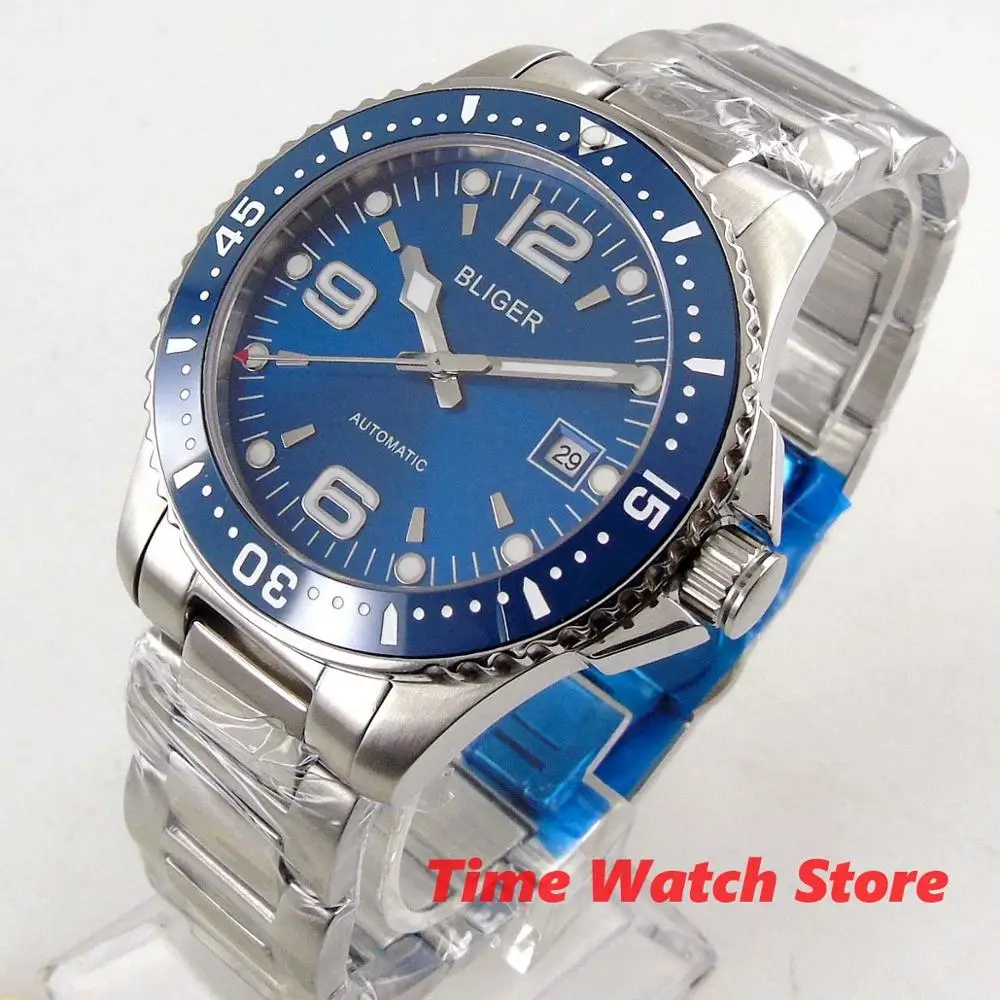 Miyota 8215 blue BLIGER 40 мм автоматические часы для мужчин сапфировое стекло водонепроницаемый светящийся синий черный циферблат керамический ободок SS браслет - Цвет: Miyota 8215 blue