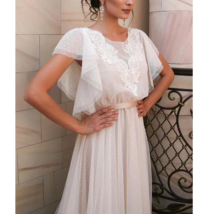 

Excellent Illusion Tulle Appliques Cap Sleeves Vestido De Casamento Natural Cap Sleeves Sashes Custom-Made Beach Wedding Dresses