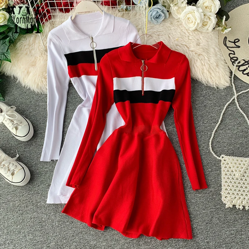 Новинка 2019 года модное трикотажное платье контрастного цвета сезон осень