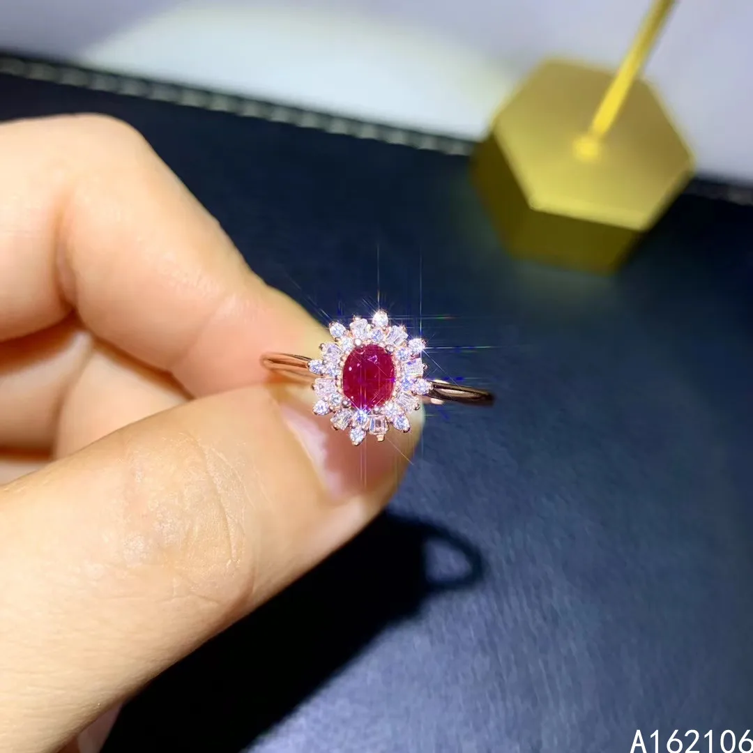 925 Pure Silver Chinese Style Natural Ruby Women's Trendy Noble Flower Adjustable Gemstone Ring Fine Jewelry Support Detection