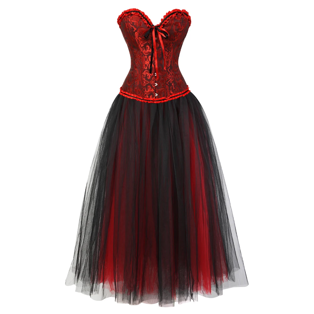 

Women Vintage Lace Corset Dress Sexy Satin Floral Corset Bustier Lingerie Top With Burleque Tulle Mesh Long Skirt Set Multicolor