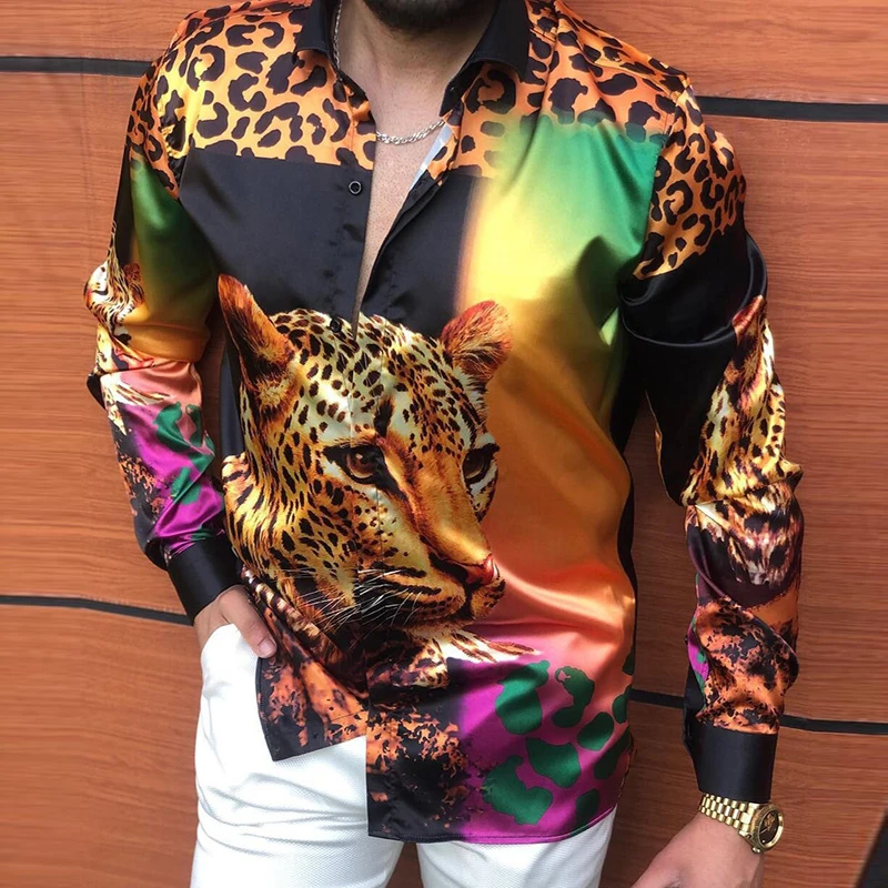 

New Fashion Leopard Print Long Sleeve Shirts For Men Button Turn-down Collar Shirt 2021 Autumn Men's Slim Tops Casual Streetwear