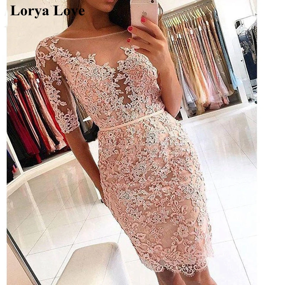 

Sexy Pink Short Prom Dresses 2020 Elegant Cocktail Dress Women Homecoming Gowns Half Sleeves Beaded Sequin Red Graduation Dress