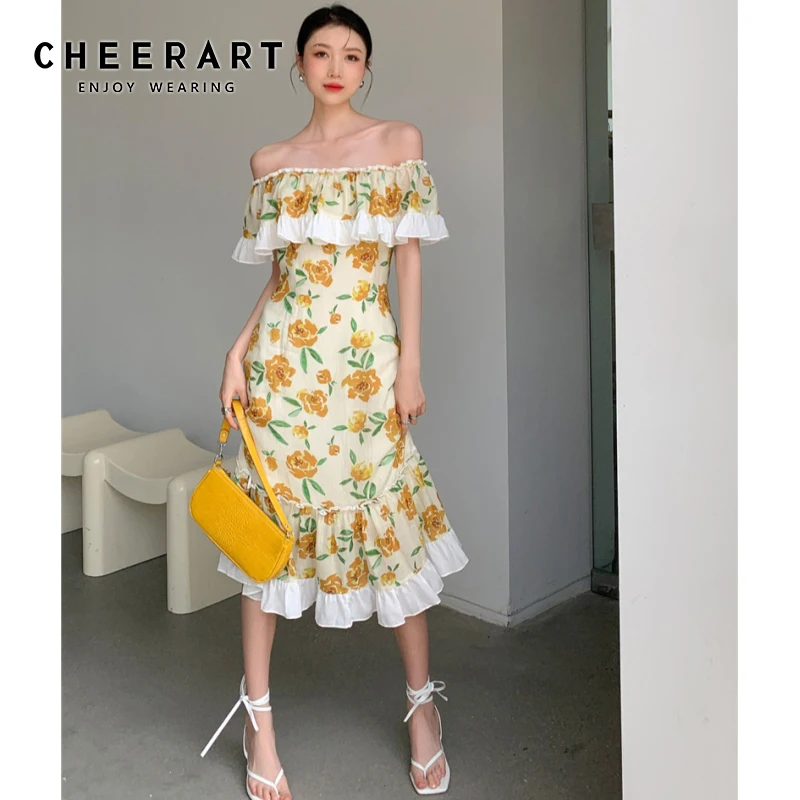 

Женское винтажное платье-Русалка CHEERART, желтое длинное платье с открытыми плечами, цветочным принтом и оборками, летнее дамское платье миди ...