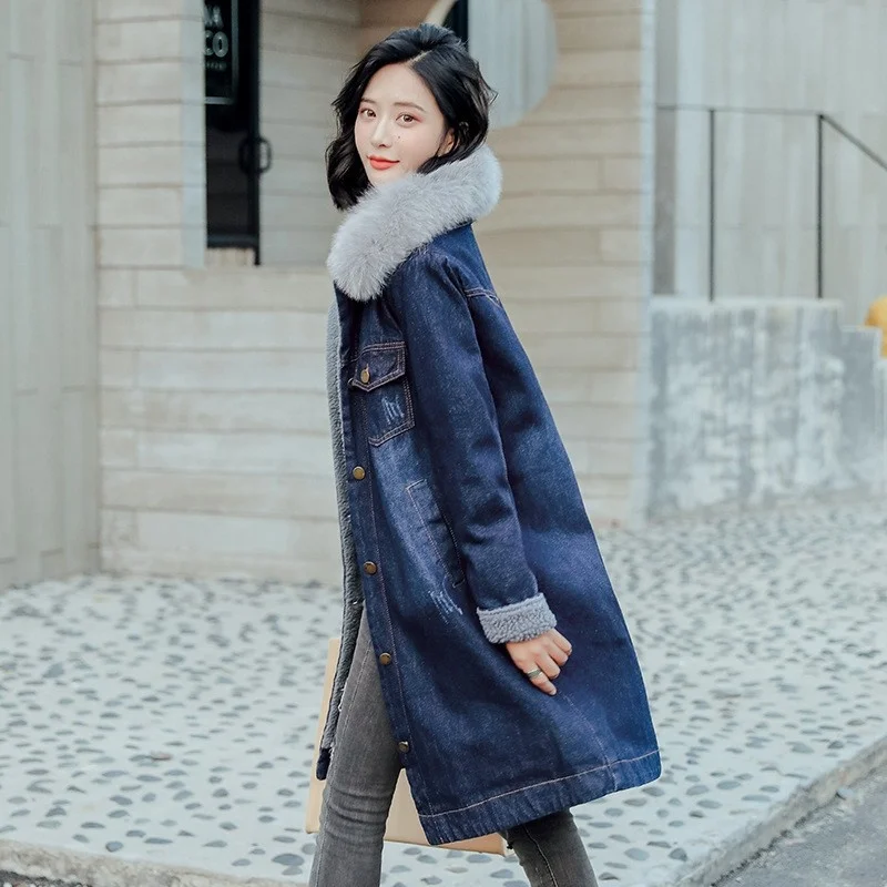 

Hot Sale Winter Warm Fleece lining Faux Fur Collar Women Overcoats Frayed Single Breasted Loose Medium Length Denim Long Jackets