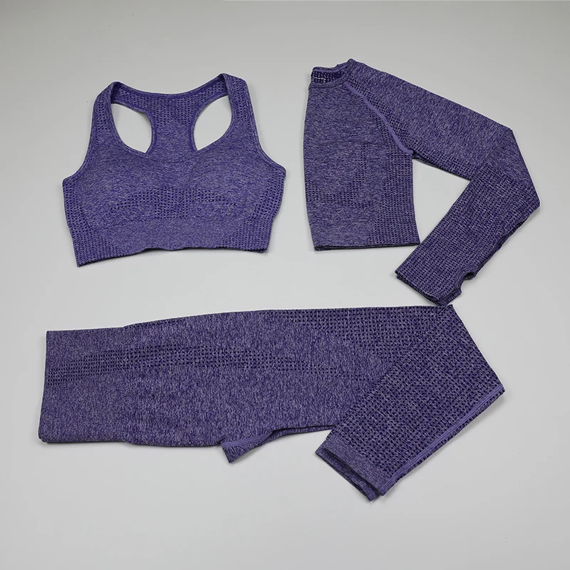 purple Комплект из 3 предметов: бесшовный Спортивный Бюстгальтер Для Йоги+ укороченный Топ с длинным рукавом+ леггинсы с высокой талией для спортзала женский спортивный костюм для фитнеса одежда для тренировок - Цвет: purple