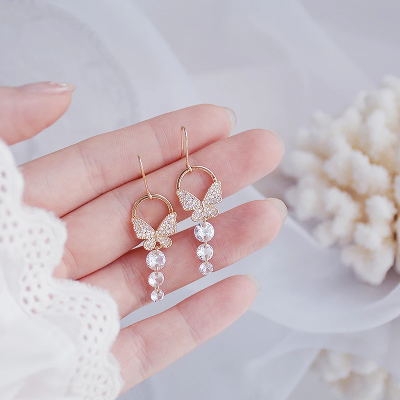 

2021 New Arrive Popular Design 14K Real Gold Butterfly Water Drop Ear Ring for Women Charm Jewelry Zirconia S925 Silver Needle