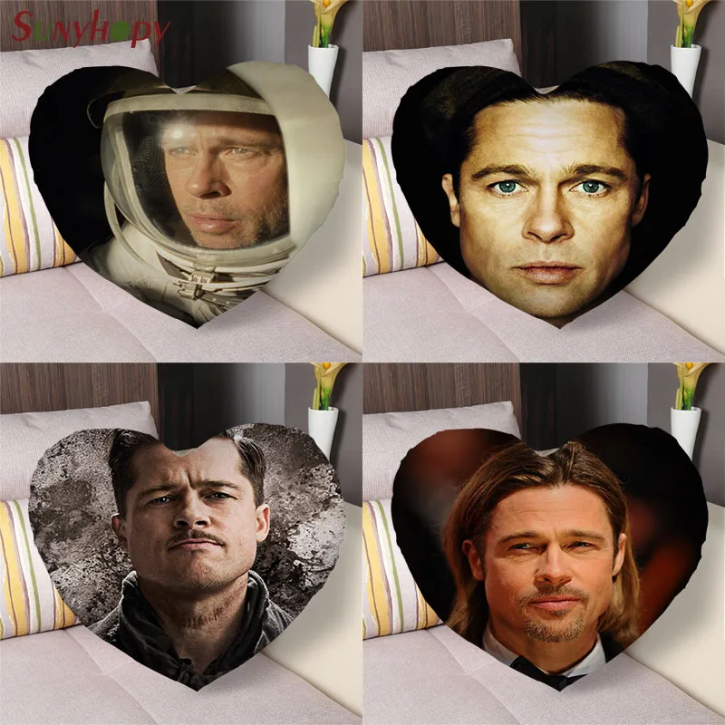 

Brad Pitt Custom Pillowcase Heart Shape Zippered Satin Fabric For Home/Seat Cushion Wedding Decorative-090ZLL