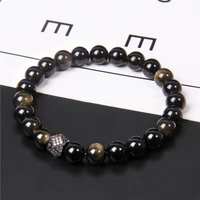 high quality natural black tourmaline obsidian beads bracelet fashion cz metal square charm bracelet jewelry for women men gifts