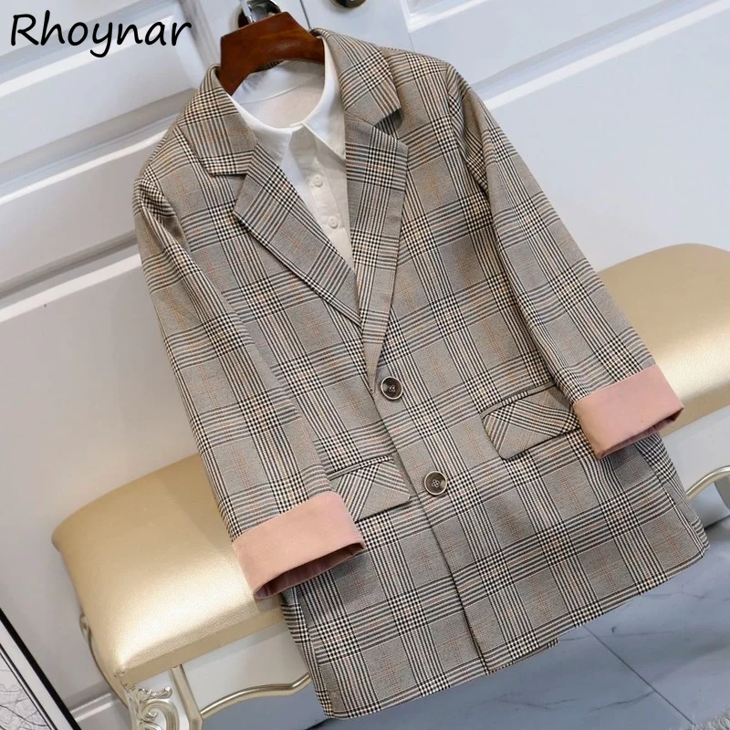 

Blazers Women Loose Plaid Casual Notched Elegant Single Breasted All-match Daily Korean Style Fashion Harajuku Vintage College