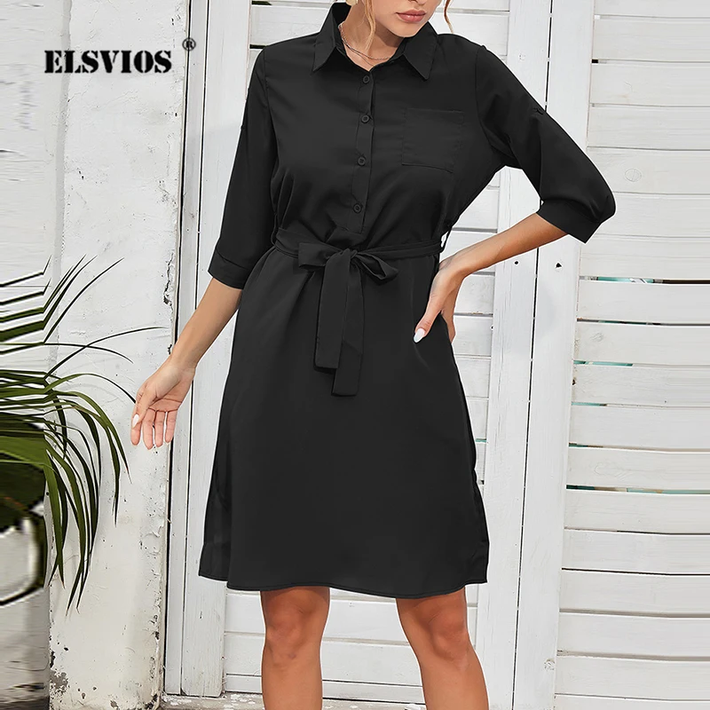 

Платье-трапеция женское на пуговицах, модное однотонное платье с поясом, с лацканами, высокой талией, элегантный вечерний наряд, на лето-осе...