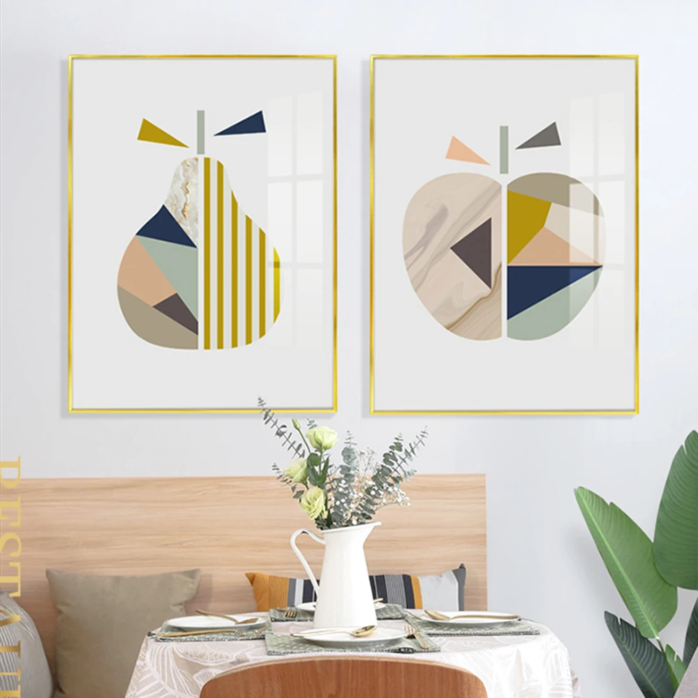 

Abstract Geometry Wall Art Canvas Painting Fruit Print Posters Yellow Grey Pictures for Kitchen Boho Scandinavian Home Decor