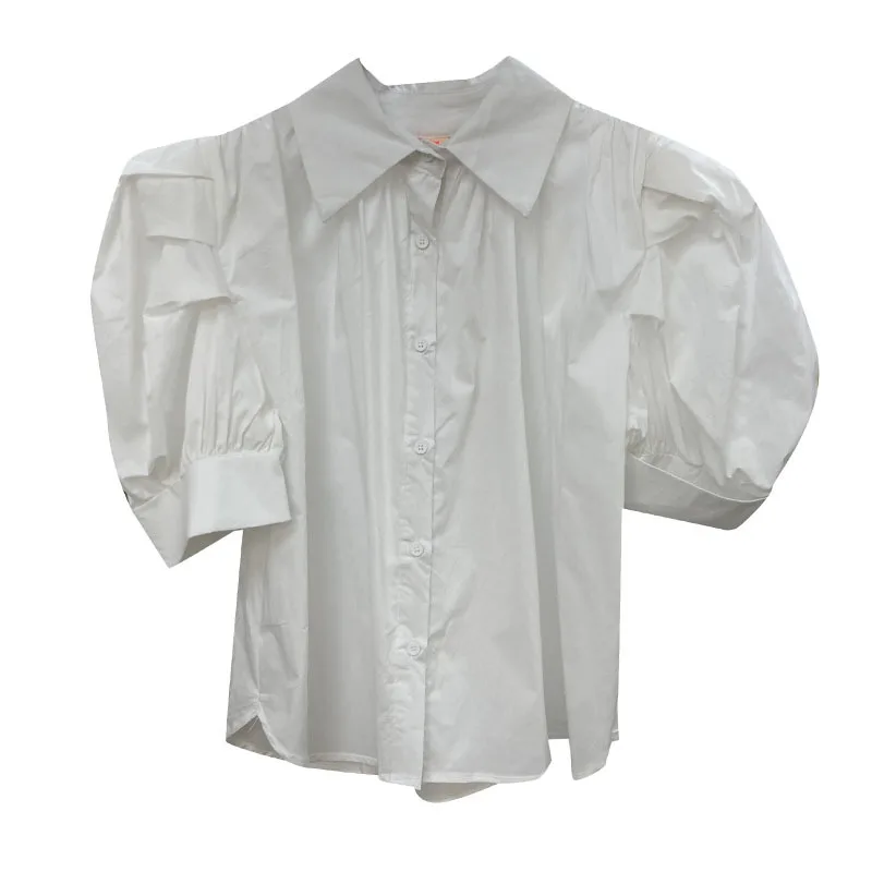 

GALCAUR Straight White Shirt For Women Lapel Collar Puff Short Sleeve Ruched Minimalist Solid Casual Blouses Female 2021 Clothes