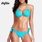 Женский комплект бикини Anfilia, купальник с лямкой на шее, однотонный купальник, бандажный купальный костюм с боковыми завязками, треугольная пляжная одежда, пикантное бикини пуш-ап