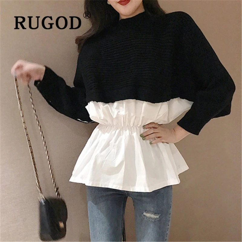 RUGOD Elegant patchwork knitted women sweater Fashion round neck batwing sleeve college tops Auturm casual ruffles lady clothes | Женская
