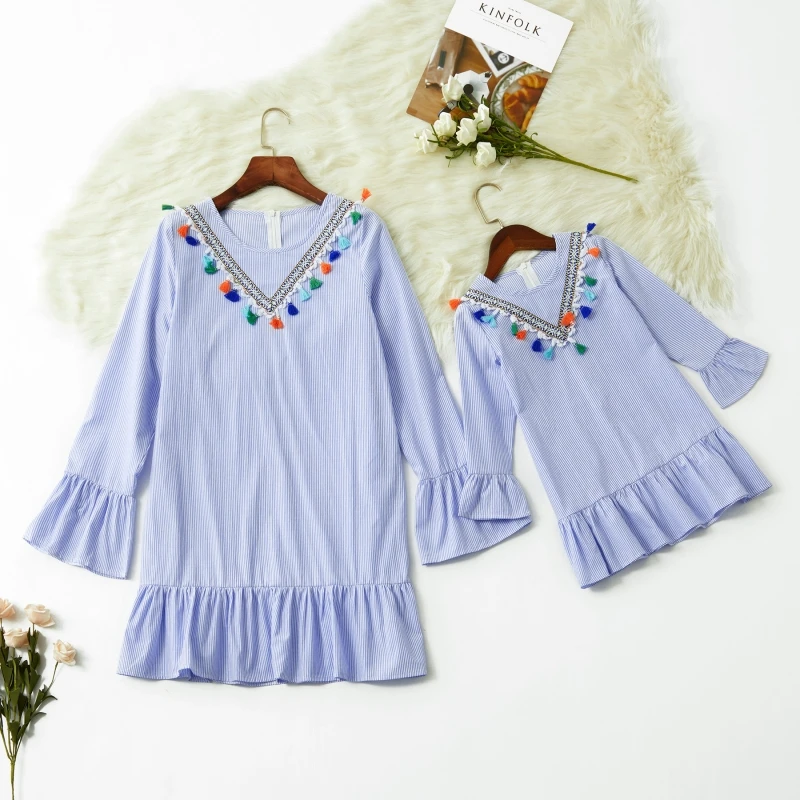 Платья для мамы и дочки мини платье в полоску с длинными рукавами одежда осенняя