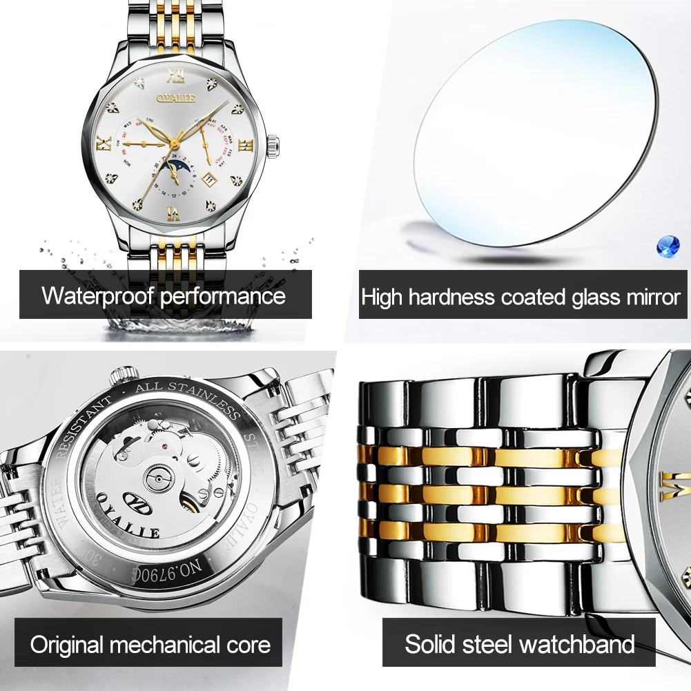 

Men's classic automatic big watches for men luxury brand moonphases waterproof beautiful clock gold blue calendar 2021 gifts