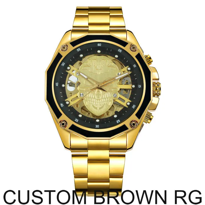 CUSTOM BROWN RG WINNER официальные деловые мужские часы Топ бренд класса люкс автоматические механические мужские часы с изображением скелета циферблат 3D череп наручные часы хип-хоп - Цвет: CUSTOM BROWN RG