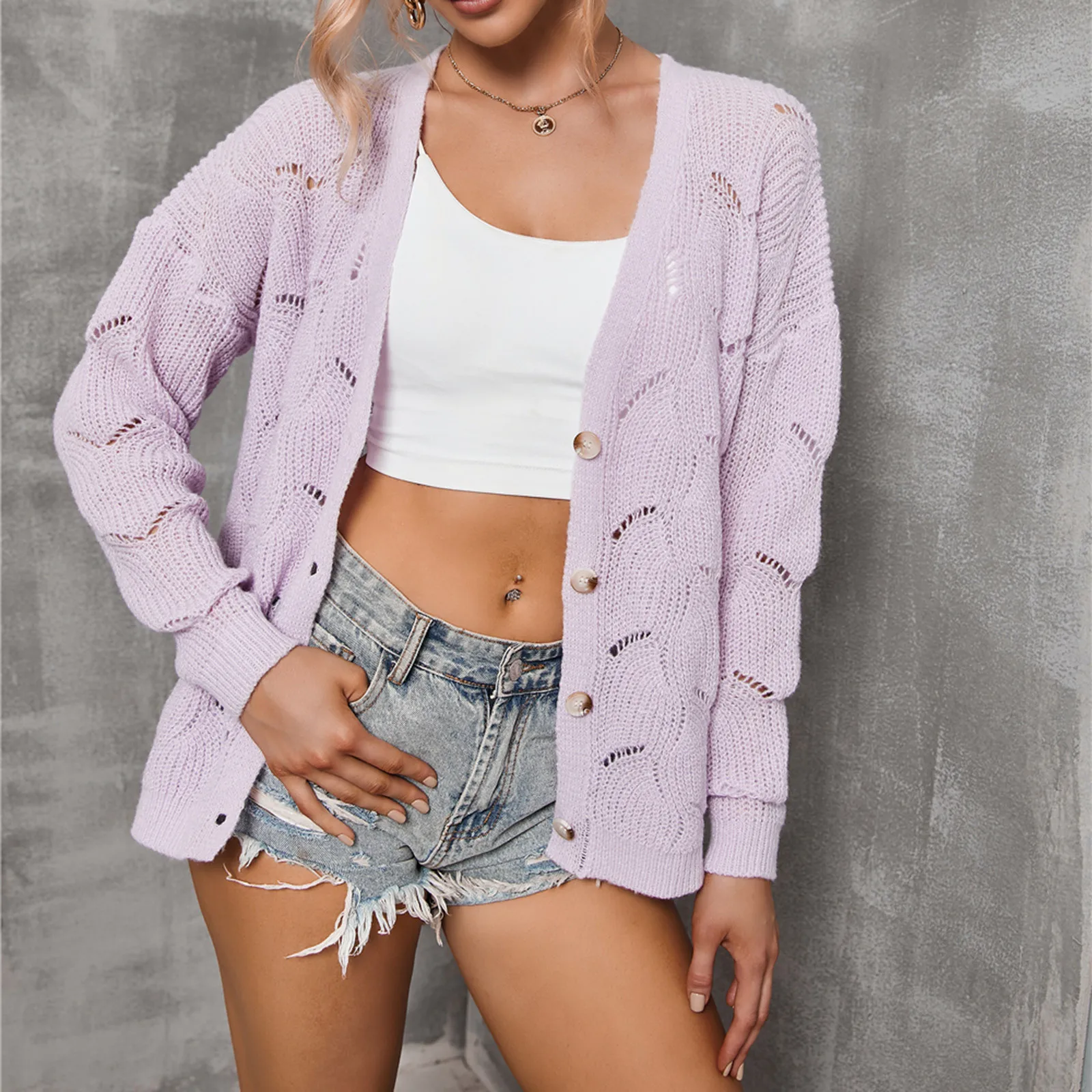 

Укороченный кардиган, женский весенний, шикарный, элегантный, с V-образным вырезом, корейский, винтажный, женский джемпер, фиолетовый, с жемч...