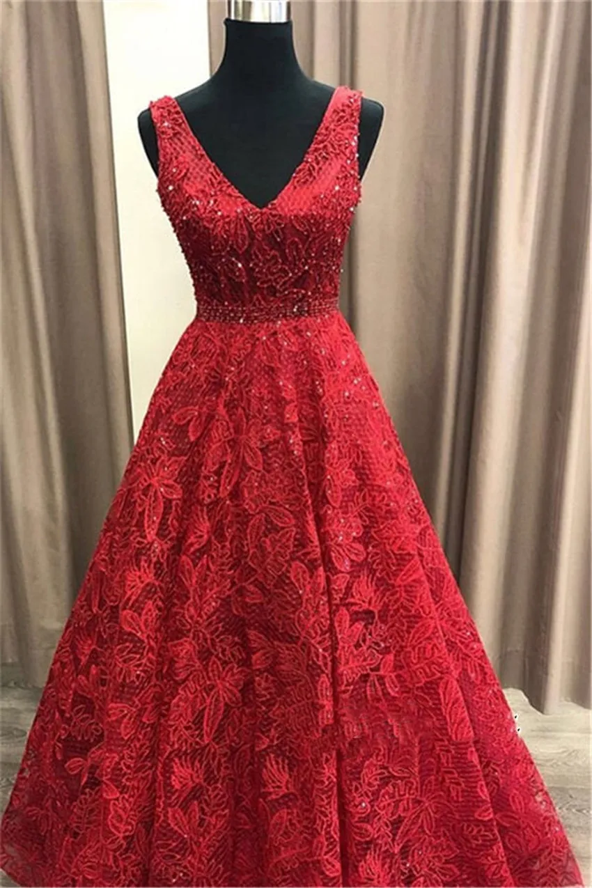 Elegant Red Real Pictrue Prom Dresses Beaded Sequined V Neck Sleeveless Floor Length Evening Party Gowns gala jurken | Свадьбы и