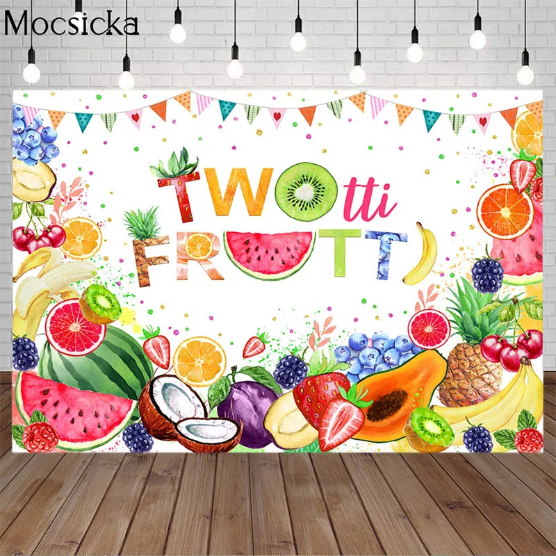 

Twotti Frutti тематический фон тропические фрукты День рождения фон для фотосъемки с изображением ананасов, Арбузов, Baby Shower фото студия