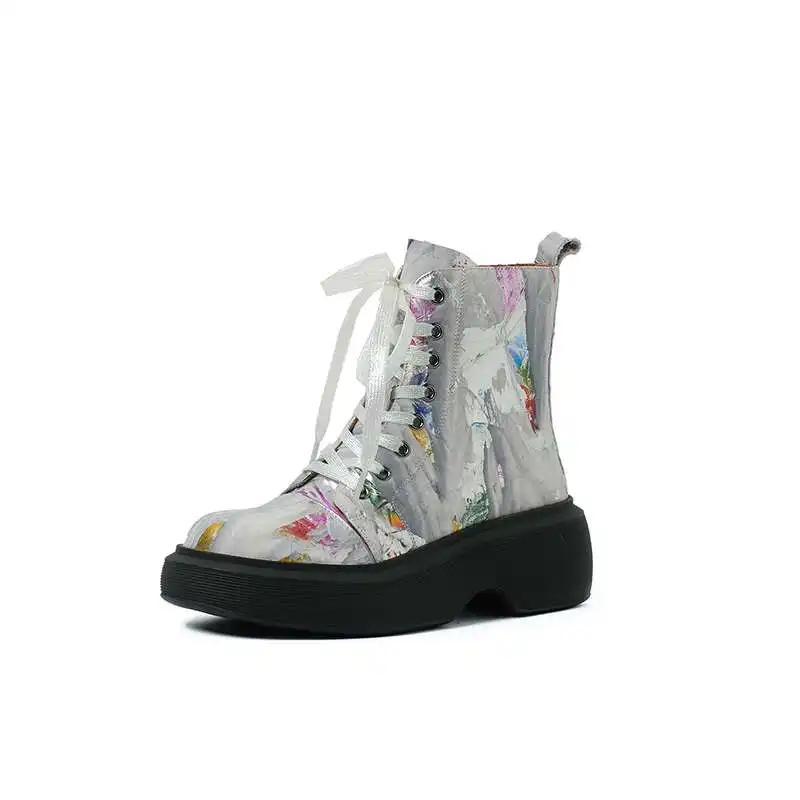 Beli Sepatu Bot Punk Pola Ujung Kaki Bulat Kulit Sapi Panci Krazing Sepatu Bot Pergelangan Kaki Bawah Tebal Kulit Motif Sepatu Hak Tinggi Tetap Hangat Simpul Silang