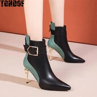 tghdof 2022 latest elegant shoes womens super high stiletto pointed zipper color matching winter warm office and ankle boots