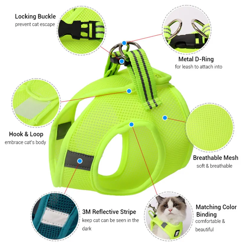 Шлейка и поводок для кошек Воздухопроницаемая сетчатая шлейка прогулок с