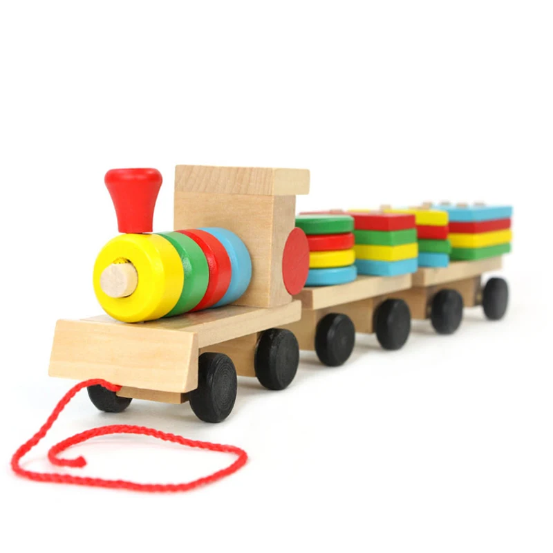 

Baby Toys Kids Trailer Wooden Train Vehicle Building Blocks Geometry Colour Congnitive Blocks Child Education Christmas Gifts
