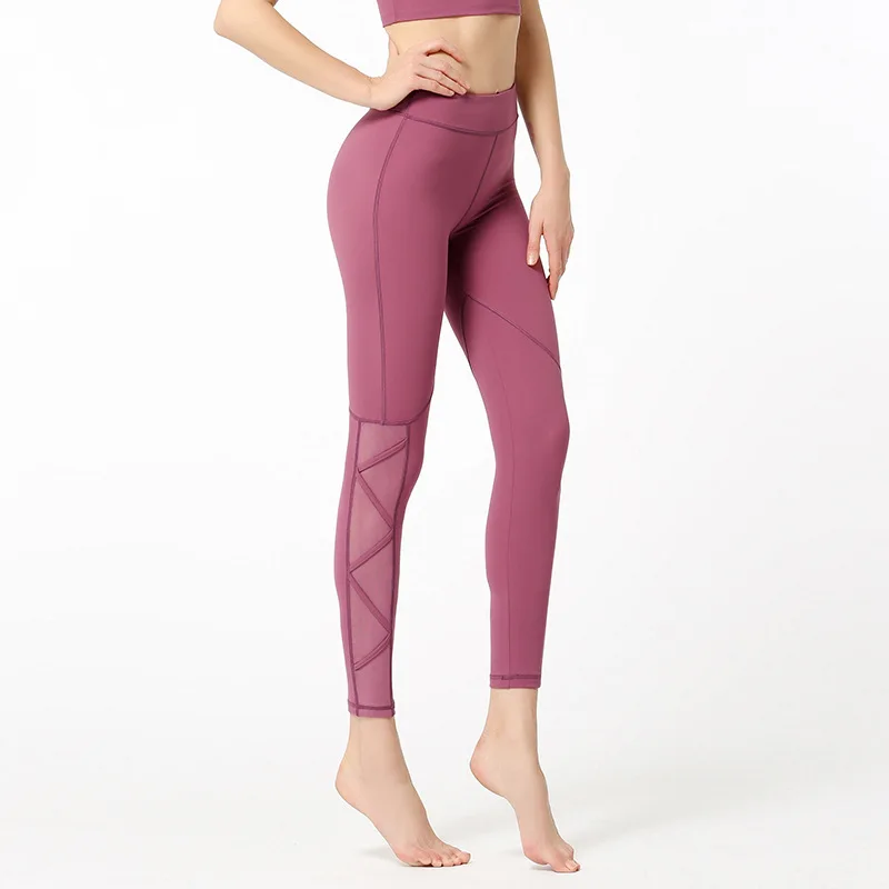 

Hip-Lifting Yoga Trousers Ladies Pure Color Fight Net Leggings Slim High-Waist Sports Pants Summer Wicking Sportswear Women 2021