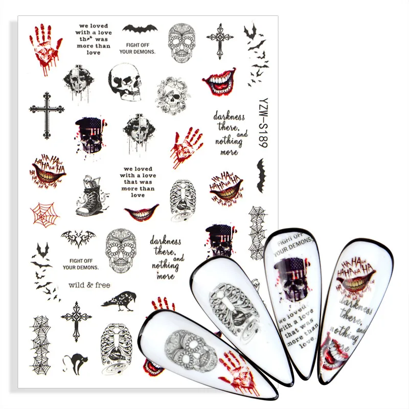 Наклейки для дизайна ногтей 1 шт. в стиле аниме Череп кость крест ворона кошка