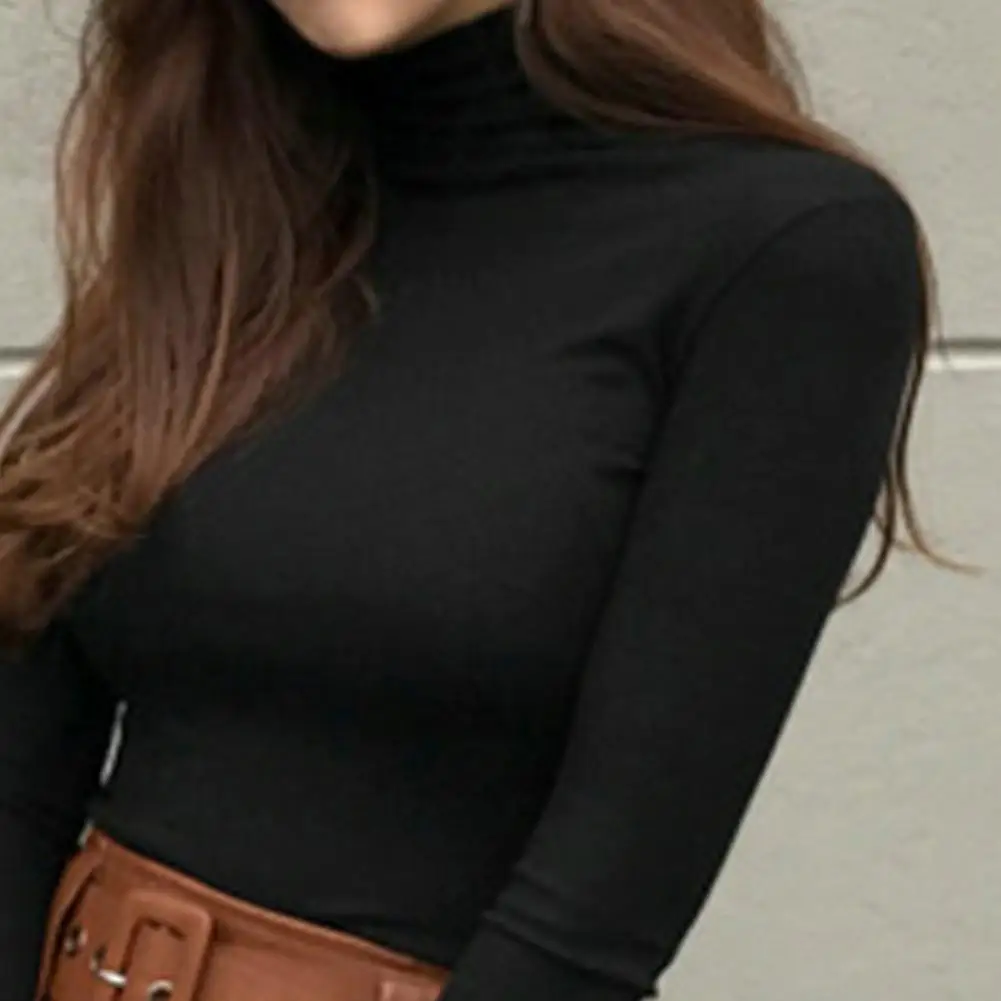 

Women Casual Solid Color Base Shirt Long Sleeve Turtle Neck Slim Blouse Top