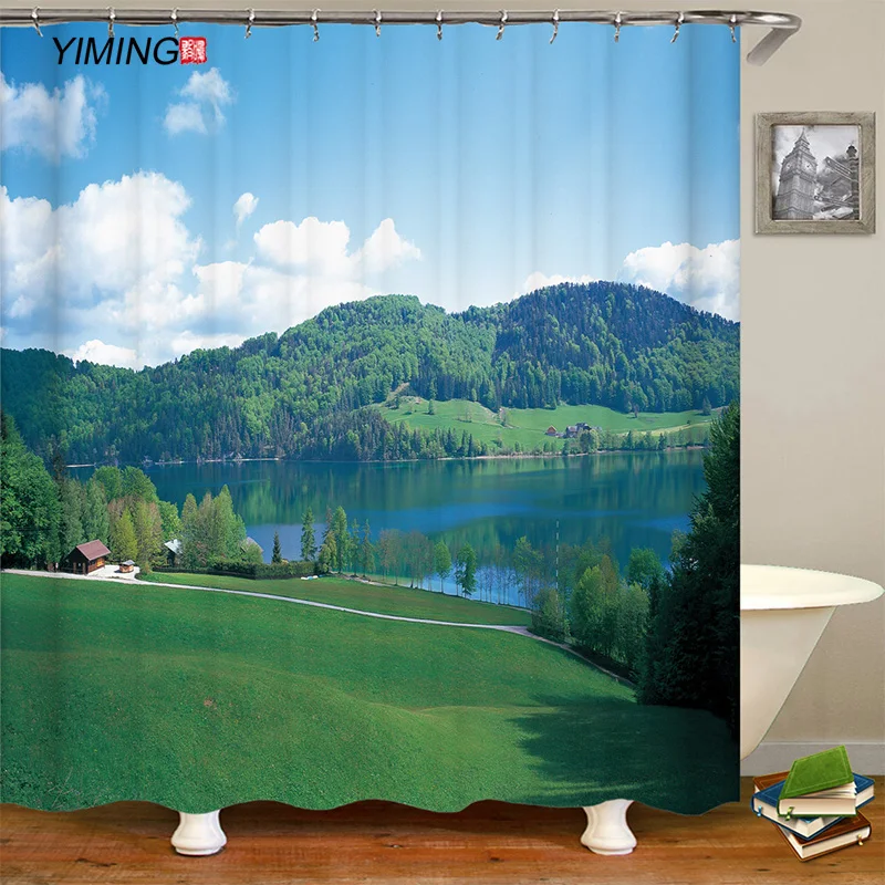 

Nature lakeside grassland scenery 3D printing bathroom shower curtain polyester waterproof home decoration curtain with hook