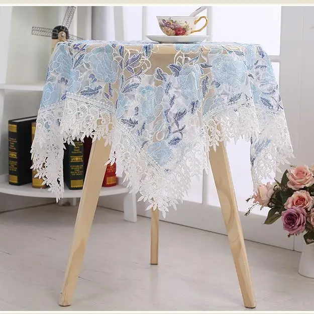 

China Blue and White Porcelain Lace Emboridery Table Cloth Decorative Luxury Home Table Cover Light Blue Embroidered Tablecloth