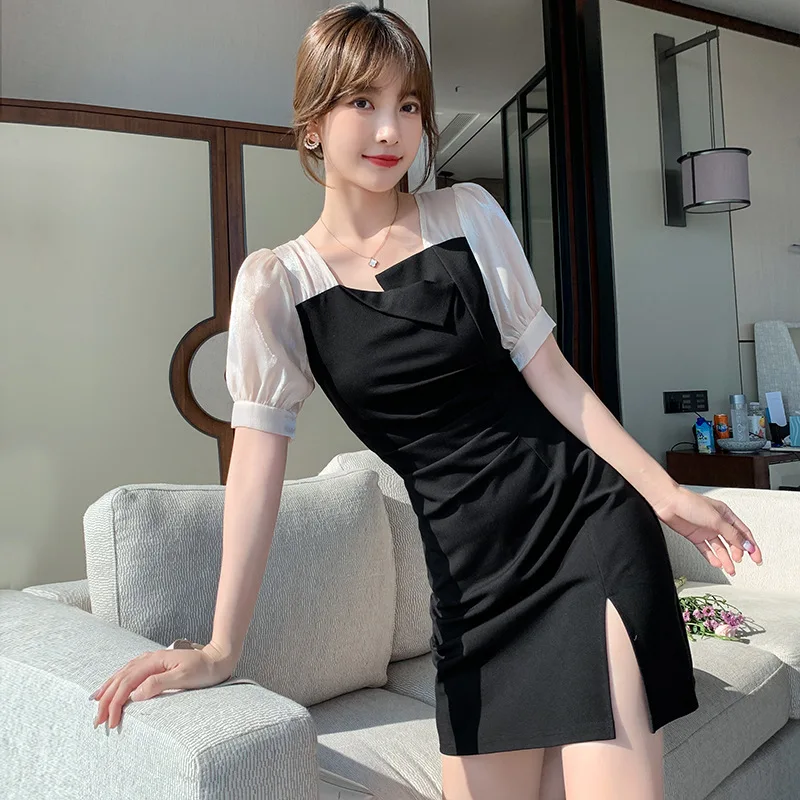 

French Style Bubble Sleeve square neck little black dress