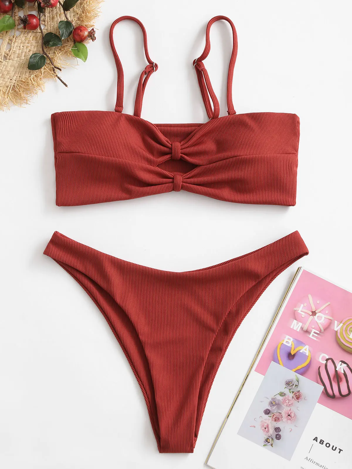 

ZAFUL Sexy Women'S Solid Color Two-Piece Beach Swimwear Fashion High Waist Bikini Set Push-Up Bra Knotted Swimsuit Tube Top