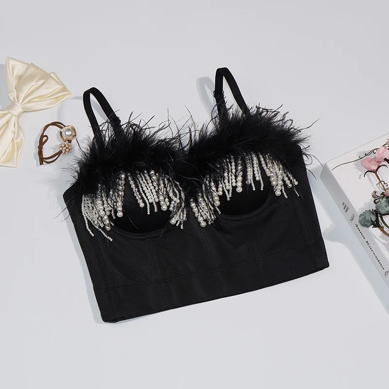 2021 New Female Short Camisole Top Feather Pearl Tassel Crop Top Bustier Bra Night Club Party Sexy Tank Tops Y742