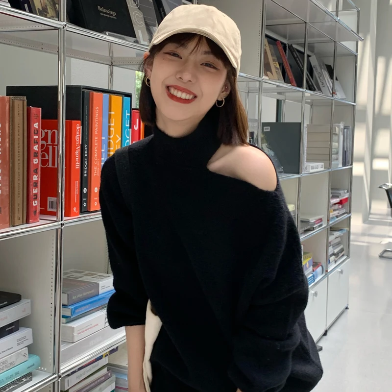 

Женский свободный пуловер с открытыми плечами, черный вязаный джемпер оверсайз в готическом стиле, Осень-зима 2021