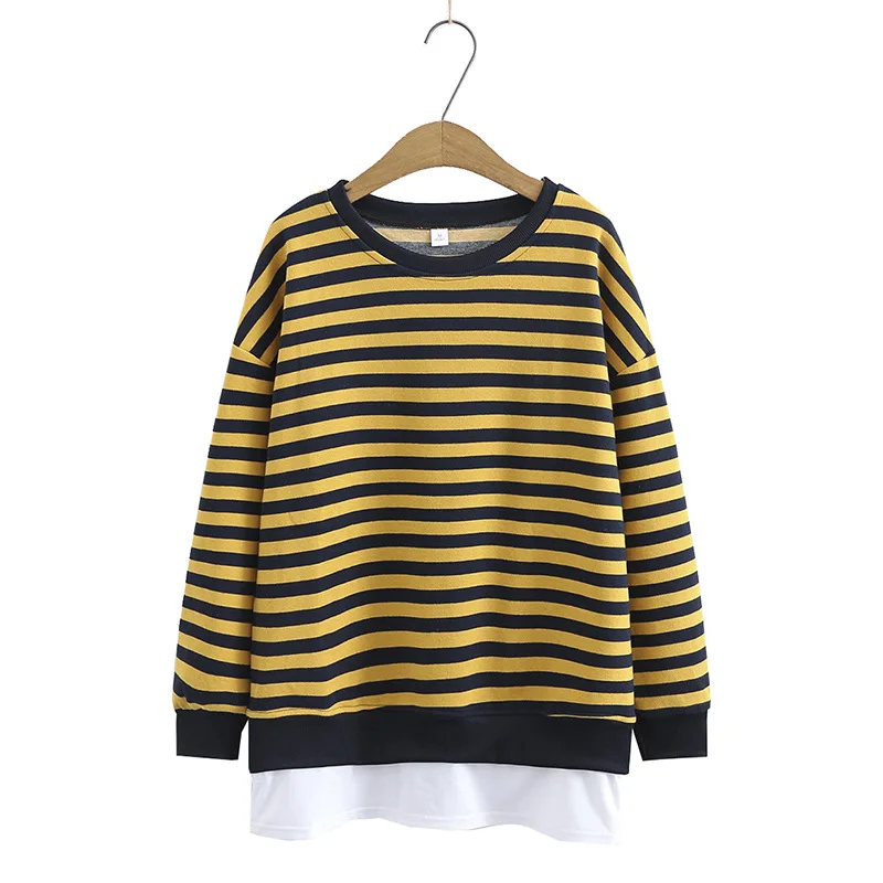 

Spring 2021 Women Sweatshirts Plus Size Fashion Casual Clothes Female Hoodies Pullover Fake Two Pieces Stripes Tops