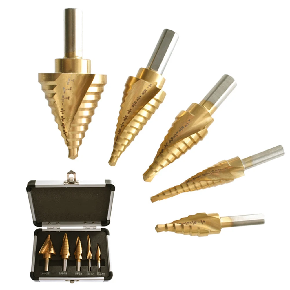 

5pcs HSS Titanium Drill Bit Plated Spiral Groove Step Drilling Power Tools Metal High Speed Steel Wood Hole Cutter Cone Drill