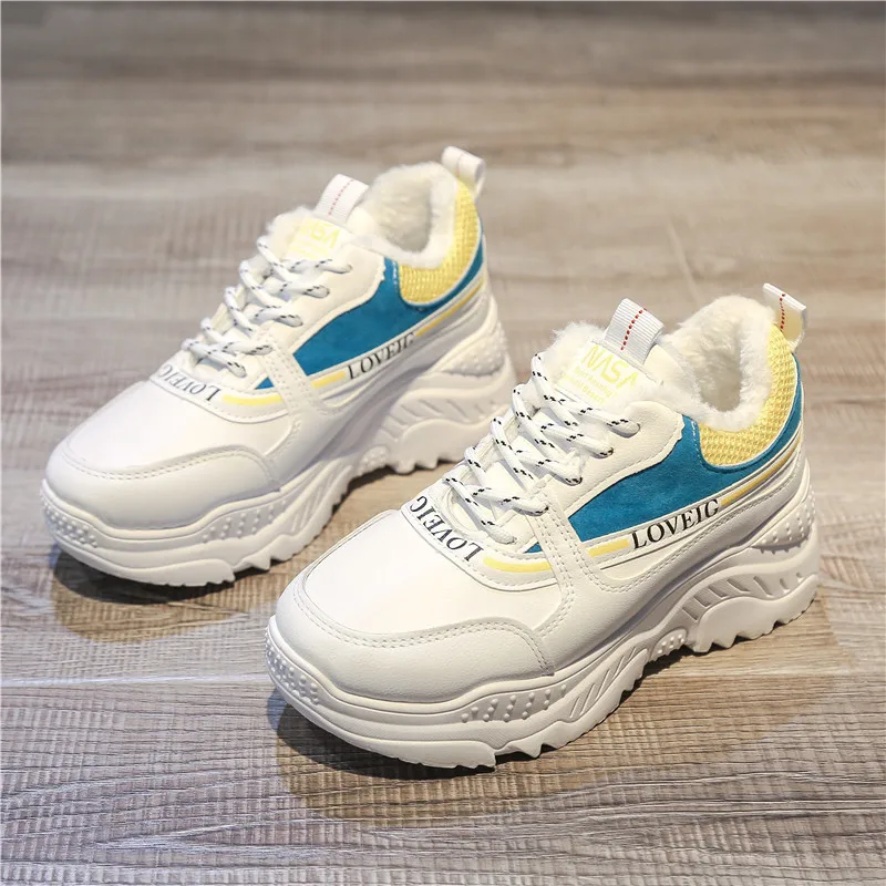 

Sneaker Thick Fashion Women Flat Thick Wool Warm Sole Shoes Woman Dad Footwear Heels Color Matching Sport Running shoes