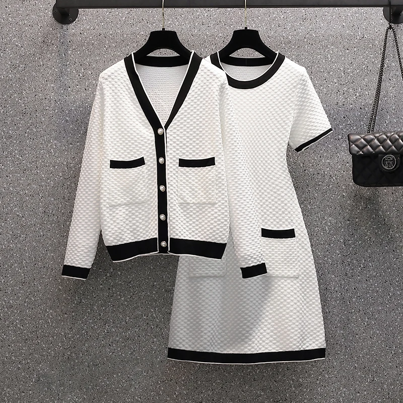 

2021 Autumn Winter Contrast Color Knitted 2 Piece Set Women V-Neck Single-Breasted Sweater Cardigan + Short Sleeve Dress Female