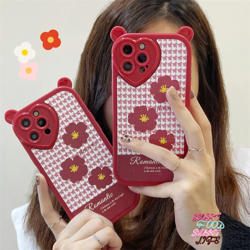 

Luxury Cute 3D Bear Ear Red Grid Geometry Flower Phone Cases For iphone 13 12 Pro 11 XS Max XR 7 8 Plus X Soft Lovely Back Cover