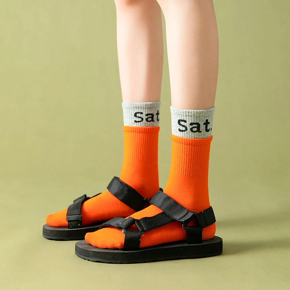 New women's color matching letters pure cotton fashion solid casual week socks 7 Pair