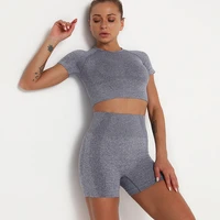 seamless 2 piece women yoga set crop top and high waist shorts set fitness workout clothes athletic wear short sport gym suit