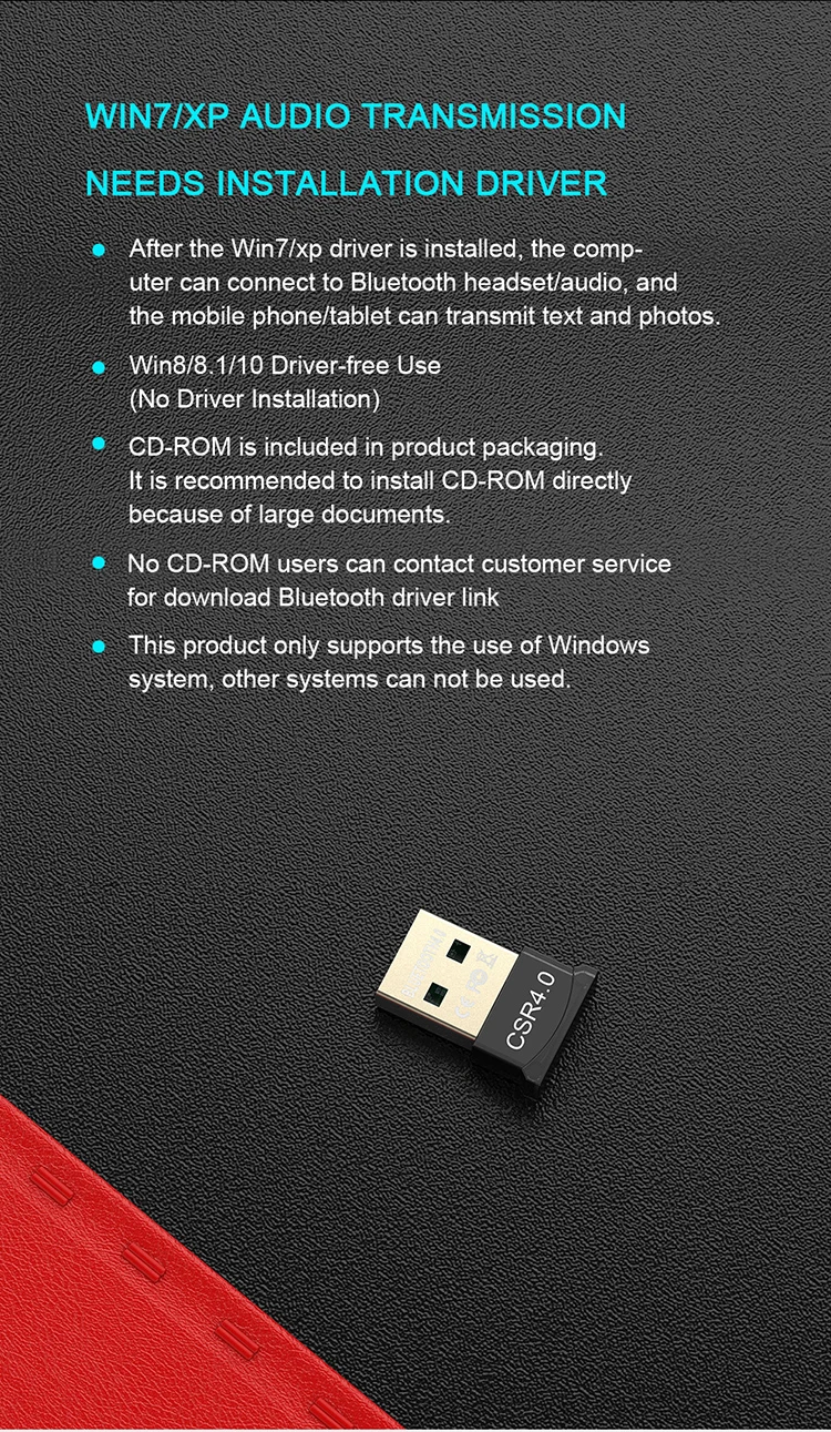 Мини USB Bluetooth адаптер CSR 4.0 Dongle Audio Receiver Беспроводной адаптер для ПК Портативный компьютер с поддержкой Windows 10/8/7/XP