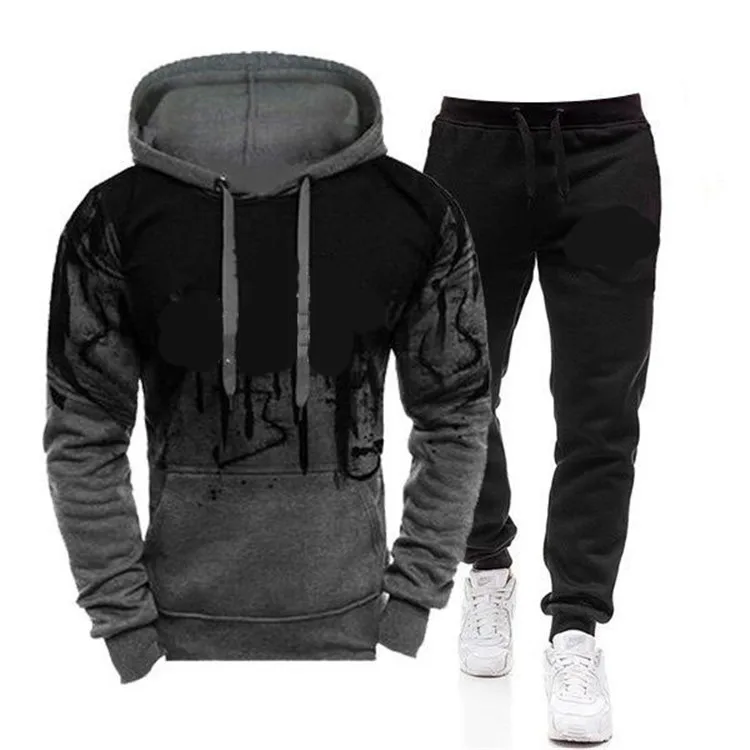 

2020 Men's Hooded And Pants Tracksuit Splash Ink Printing Fashionable Fleece Two Piece Suit